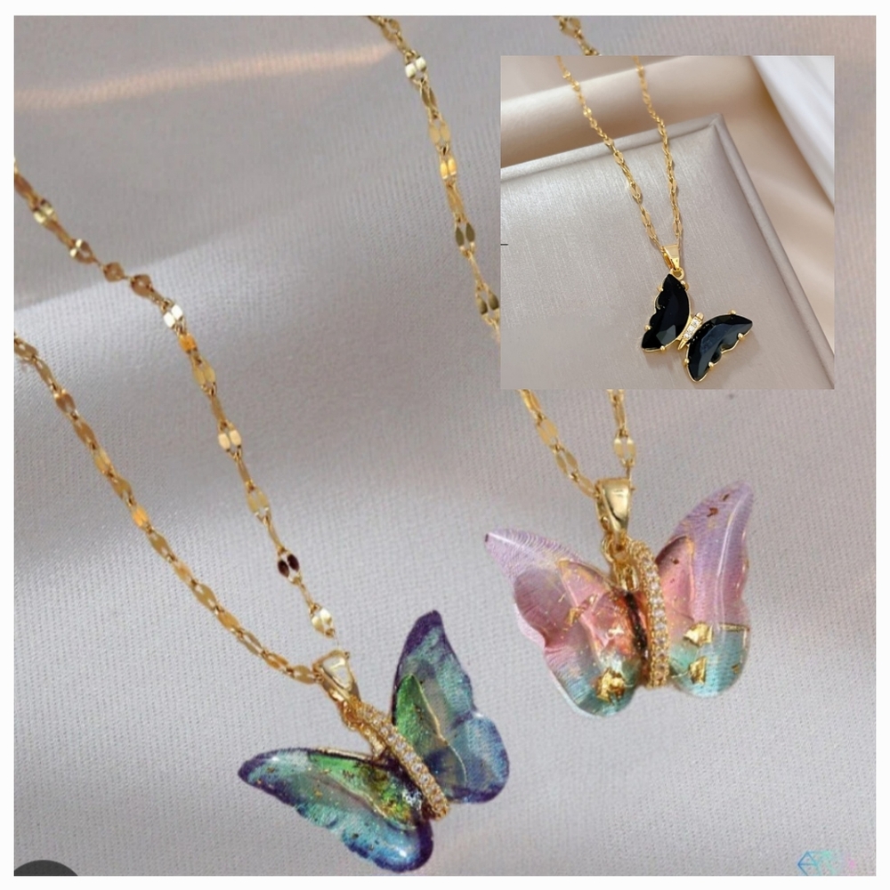 Beautiful Butterfly necklace pink blue  black